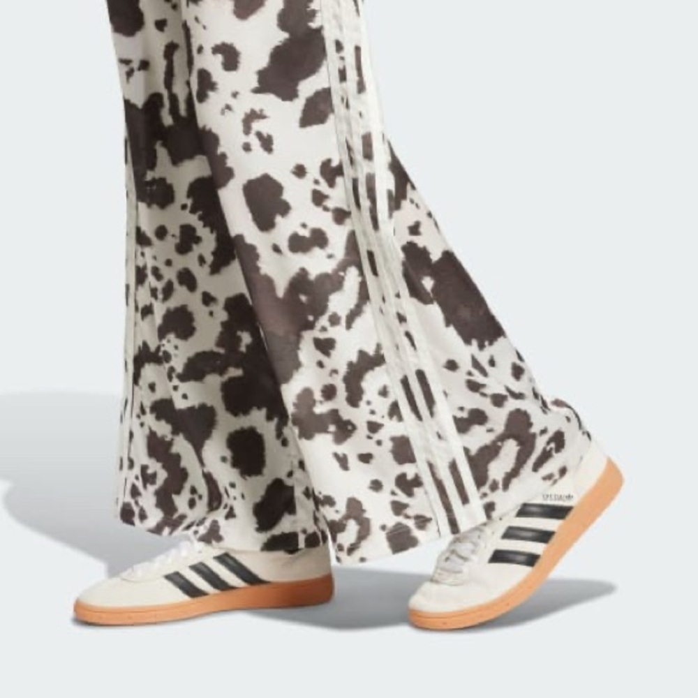 adidas Wide Leg Cow Print Track Pants in White and Brown - Picture 3 of 13